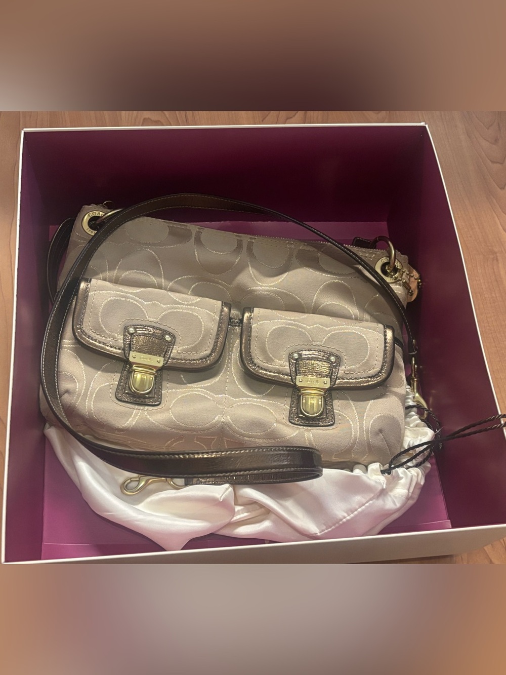 Coach Women’s Signature Double Flap Shoulder Bag in Metallic Beige